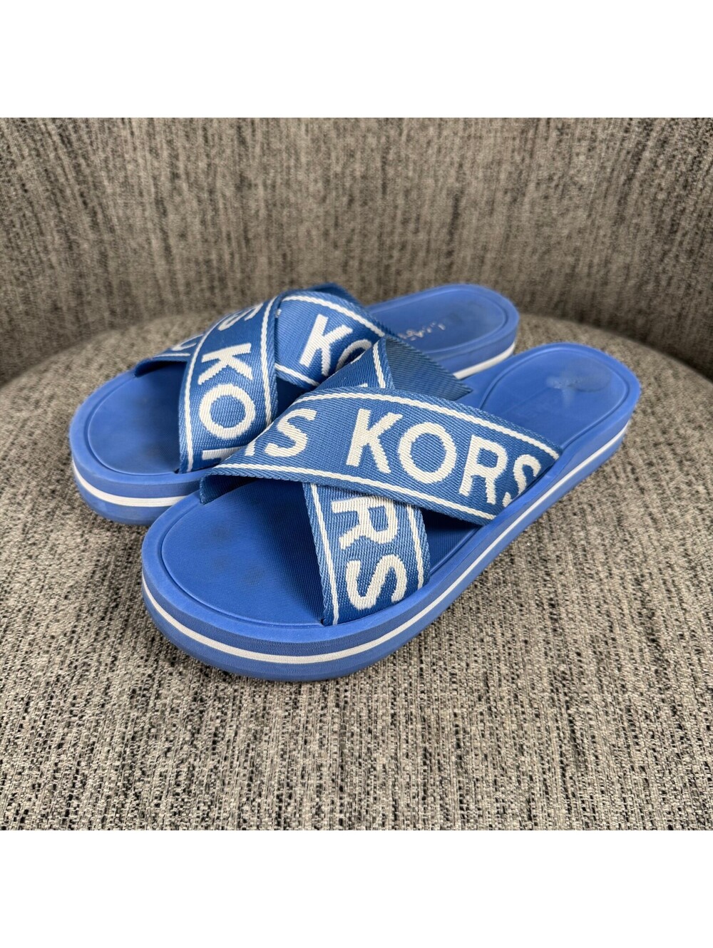 Michael Kors Sparrow Blue Platform Slide Sandals with Logo Straps Womens 8